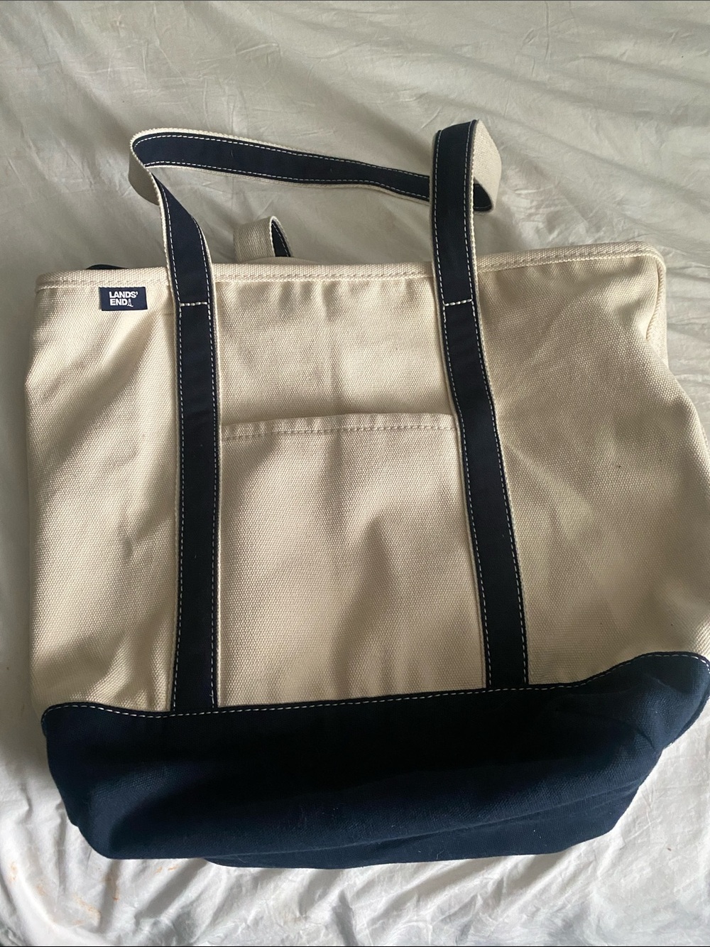 Lands' End Cream and Navy Canvas Duffel Tote